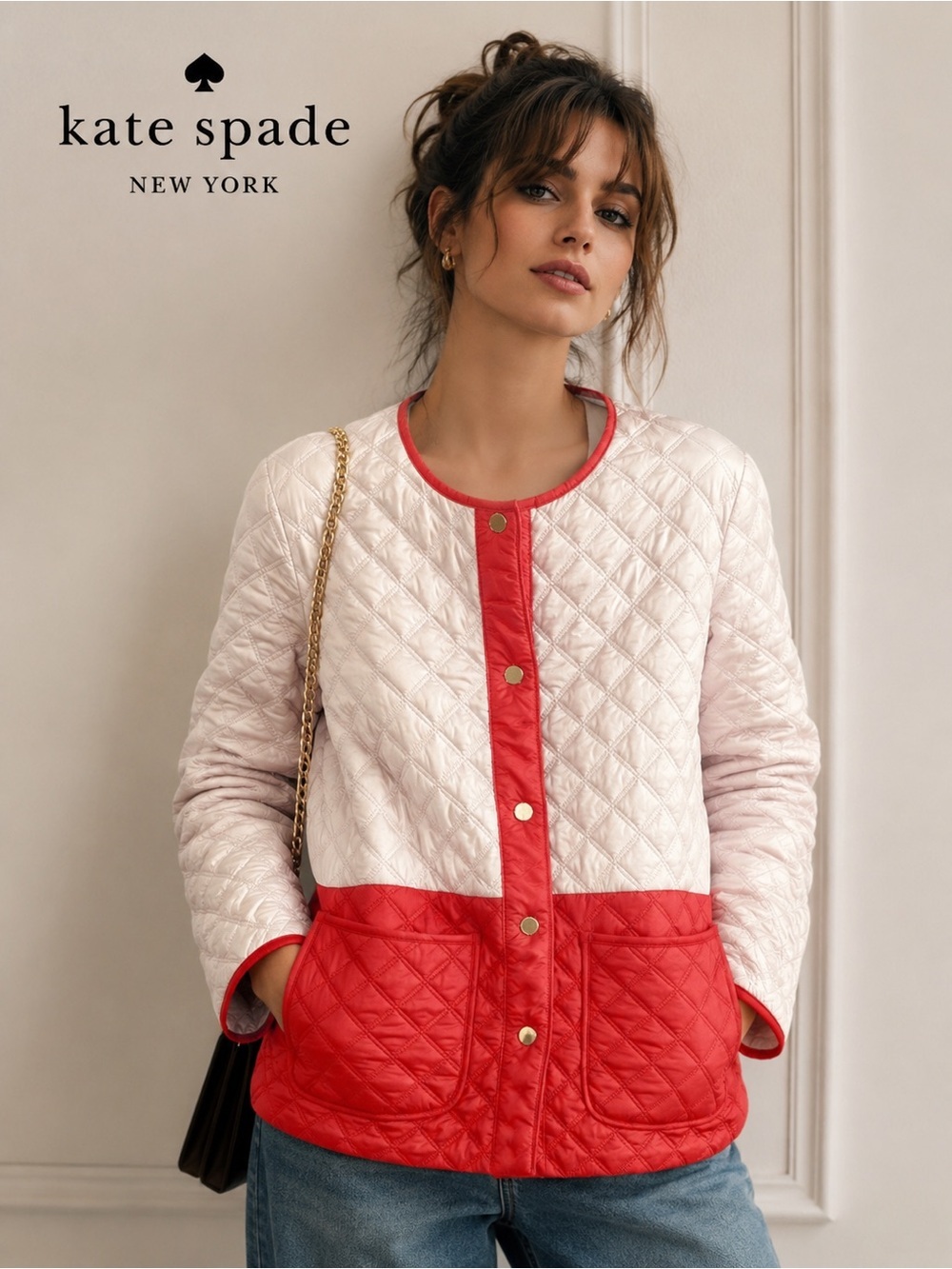 NWT Kate Spade New York Colorblock Quilted Snap Front Jacket Pink Red XS $329